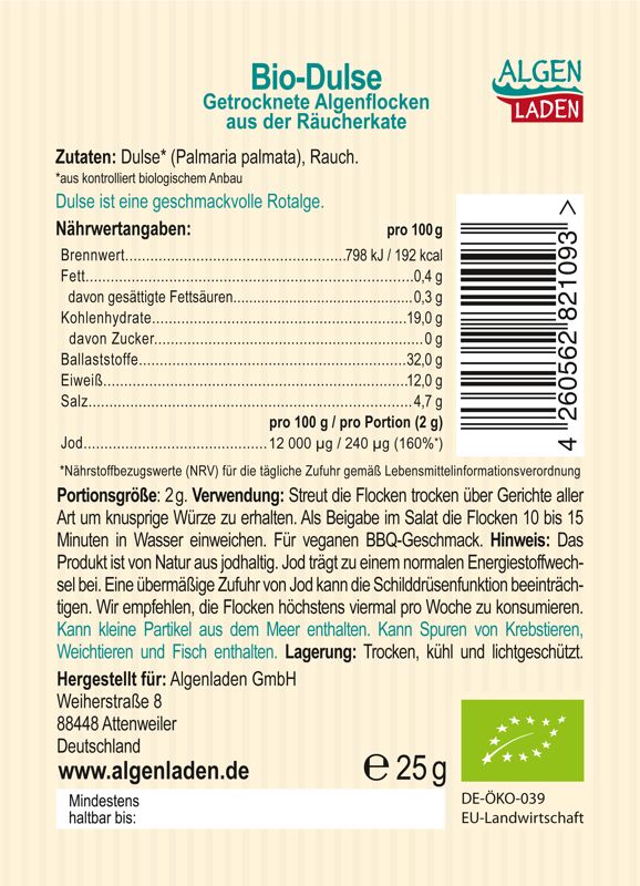 Bio Dulse Flakes 25g geräuchert Etikett